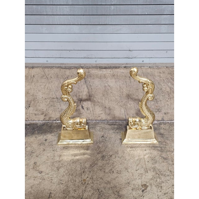 Late 20th Century Virginia Metalcrafters Pair of Brass Dolphin Andirons For Sale In Cleveland - Image 6 of 13