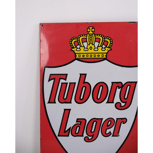 Tuborg Lager Enamel Sign with Royal Crown in Red and White For Sale - Image 6 of 8