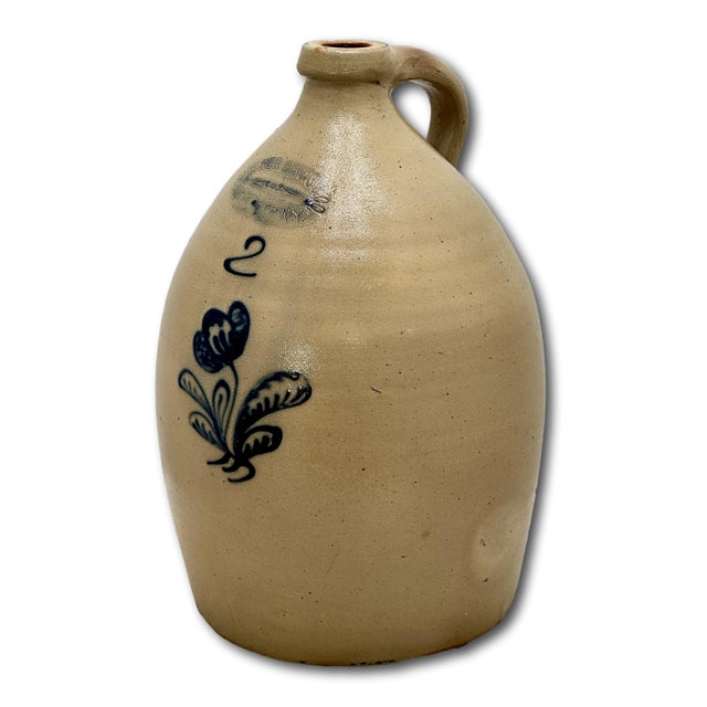 Outstanding Antique 2 Gallon Blue Flower Decorated Stoneware Jug by Burger in Rochester N. Y. Circa 1877 to 1880 For Sale - Image 4 of 18