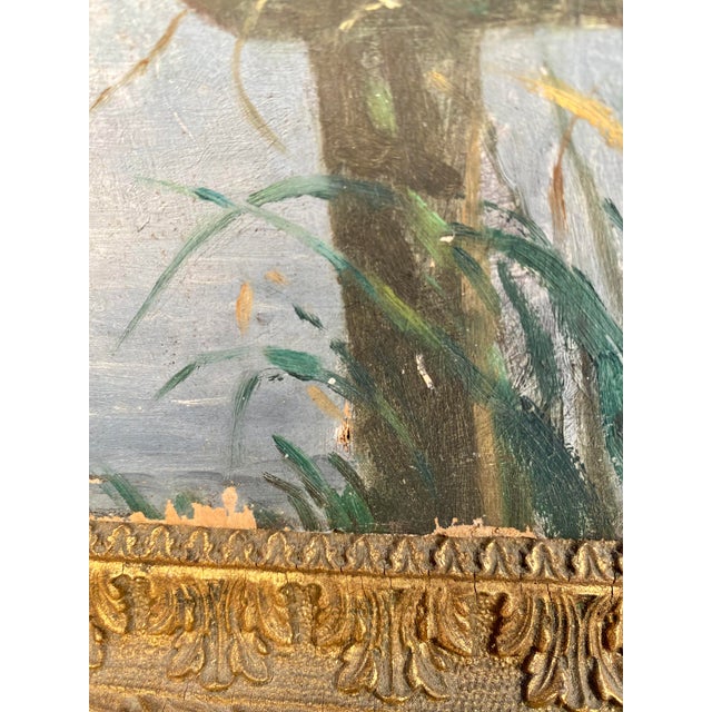 Wood Vintage, French Riverscape Oil Painting on Board, Framed For Sale - Image 7 of 7