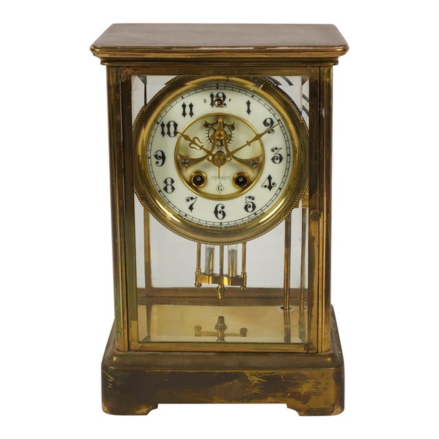 Wm. L. Gilbert Crystal Regulator Carriage Clock, Antique Brass For Sale