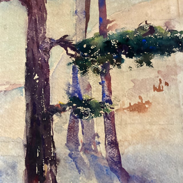 1970’s Vintage Modernist Tree Lined Landscape Watercolor Painting Signed For Sale - Image 4 of 7