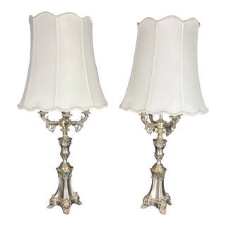 French 19th‑Century Louis XVI Style Four‑Arm Silver Candelabra Lamps — A Pair For Sale