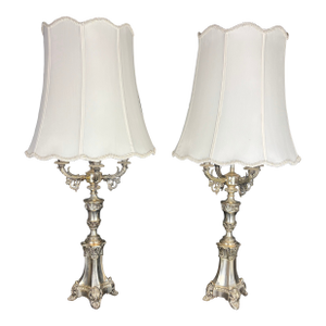 French 19th‑Century Louis XVI Style Four‑Arm Silver Candelabra Lamps — A Pair