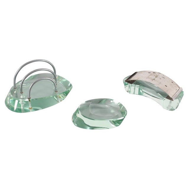 Mid-Century Fontana Arte Desk Set in Thick Nile Green Glass 50s Italy, 1950s, Set of 3 For Sale - Image 14 of 14