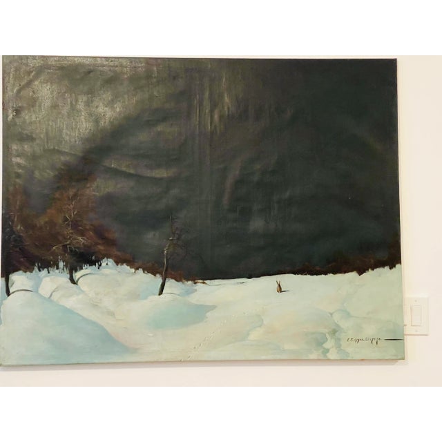 Cca 1900 antique European oil on canvas winter landscape painting with hare, signed. Rare and unique.