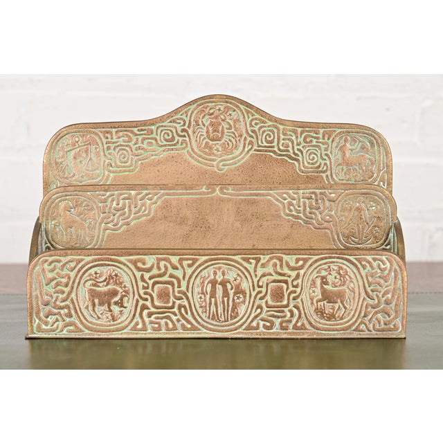 Art Deco Tiffany Studios New York Zodiac Pattern Bronze Doré Letter Rack For Sale - Image 3 of 14