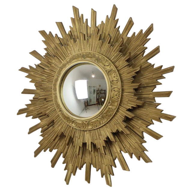 Vintage wooden gold-colored sunburst mirror with 2 levels, convex mirror glass, sunburst mirror from the 1960s-70s,...