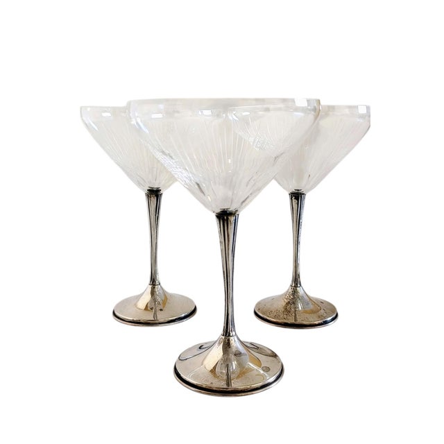 Silver Art Deco Sterling Silver and Cut Cristal Handmade Champaign Glasses, Spain, 1940s, Set of 3 For Sale - Image 8 of 18