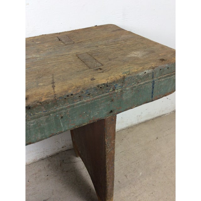 Antique Primitive Farmhouse Wood Bench With Chippy Paint Patina For Sale - Image 10 of 18