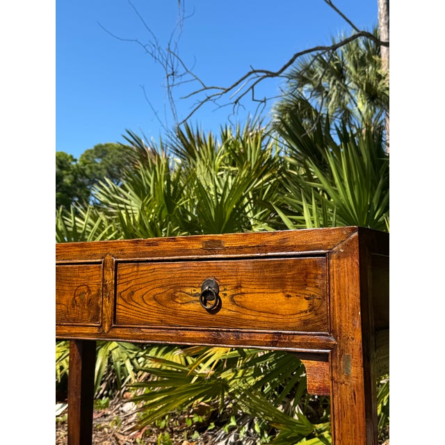 Antique Chinese Ming Style Solid Elm Writing Desk or Console Table With Original Ring Pulls For Sale - Image 4 of 6