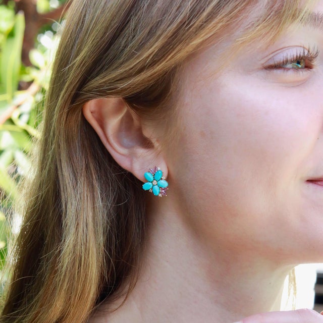 Metal Nina Zhou 5.19ctw Turquoise, Pink Sapphire, and Diamond Blossom Earrings For Sale - Image 7 of 8