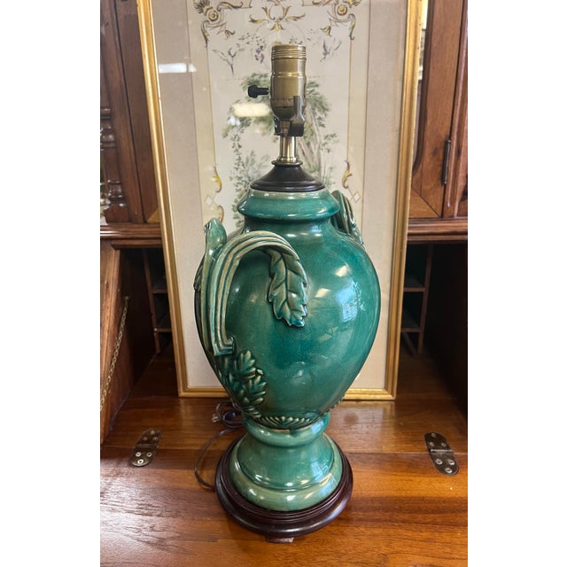 Traditional Vintage Turquoise-Green Glazed Ceramic Urn-Style Lamp For Sale - Image 3 of 8