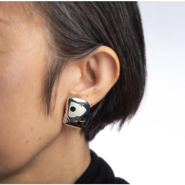 Contemporary Michael Bondanza Star Earrings Estate Sterling Silver 18k Yellow Gold Jewellery - 2 Pieces For Sale - Image 3 of 4