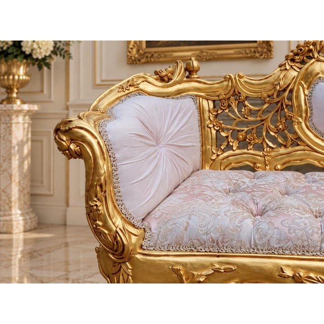 French Late20C French Louis XVI Gold Pink Damask Settee For Sale - Image 3 of 11