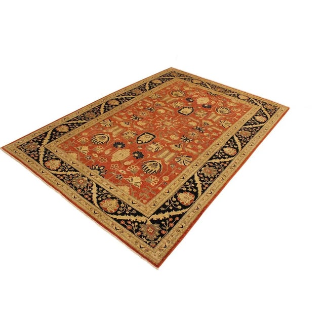 Shabby Chic 1980s Art Nouveau Kafkaz Orange Rust/Dark. Blue Wool Rug -9'10 X 13'11 For Sale - Image 3 of 8