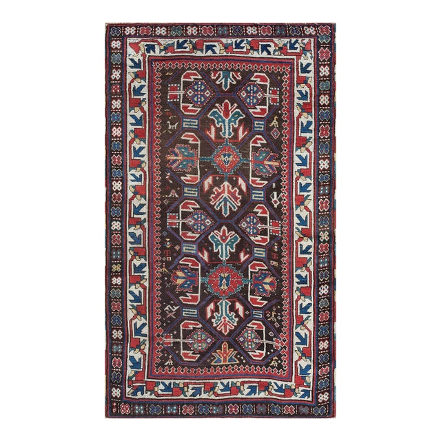 1880s Brown Geometric Antique Caucasian Kazak Rug 3'6" X 6'3" Knotted Pile Wool Carpet For Sale