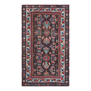 1880s Brown Geometric Antique Caucasian Kazak Rug 3'6" X 6'3" Knotted Pile Wool Carpet