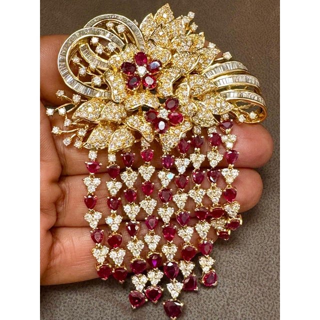 Mid 20th Century Vintage 18 Ct Diamond & 15 Ct Ruby Floral Broach 52.8 GM 18 Karat Yellow Gold For Sale - Image 5 of 18