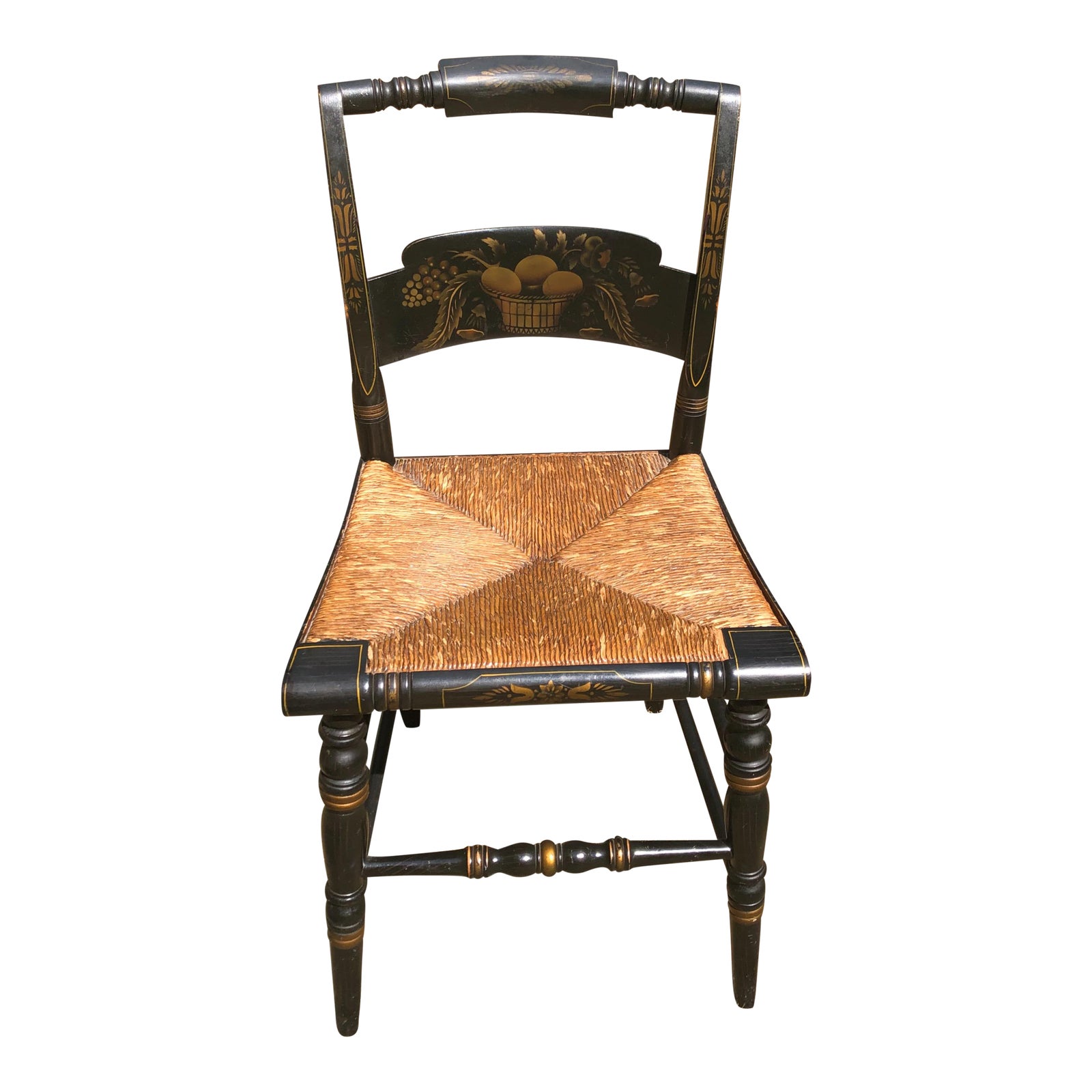 1940s Hitchcock Stenciled Fruits Federal Black Dining Chair W/Pillow
