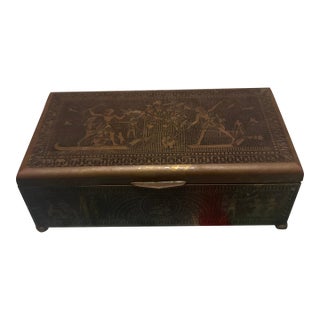 Antique Classical Revival Embossed Brass and Wood Jewelry Casket Box For Sale