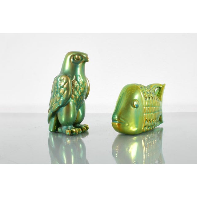 Art Deco Eosin Green Glazed Ceramic Figures by J. Nador for Zsolnay, Hungary, 1970s, Set of 2 For Sale - Image 3 of 15
