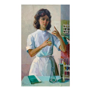 Vintage Scientist Woman Oil Painting, Original Medical Art, Lab Portrait Artwork For Sale