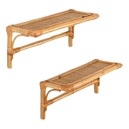 French Riviera Shelves in Rattan and Wicker, 1970s, Set of 2 For Sale
