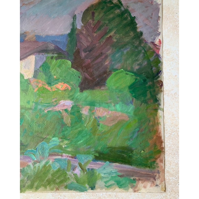 1970s Oil on Cardboard Summer Garden Landscape by Swiss Artist Kaspar Ilg For Sale - Image 6 of 10