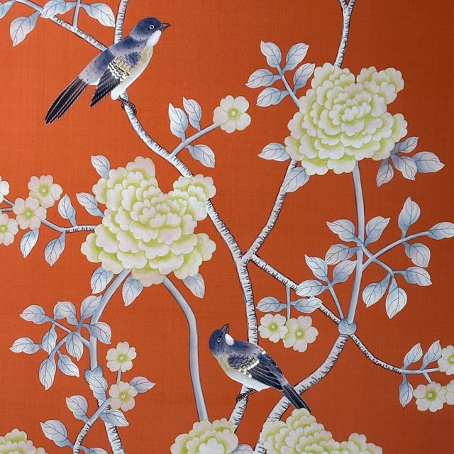 Chinoiserie Hand-Painted Silk Panel on Dark Orange Silk in Italian Silver Gilt Frame For Sale In Los Angeles - Image 6 of 9