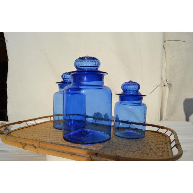 Mid 20th Century Takahashi Hand Blown Cobalt Blue Glass Apothecary Jars With Lids- Set of 3 For Sale In Columbia, SC - Image 6 of 11
