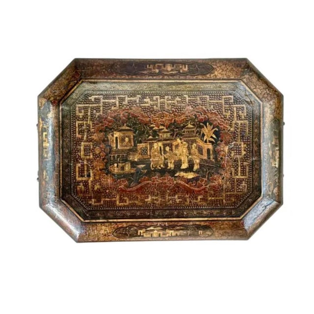 Chinoiserie 19th Century Chinese Export Lacquer Chinoiserie Sewing Box For Sale - Image 3 of 15