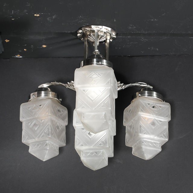 Silver Art Deco Skyscraper-Style Nickeled Bronze & Frosted Glass 4-Arm Chandelier For Sale - Image 8 of 13