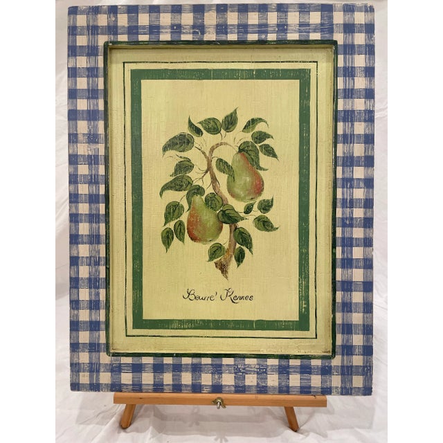 Rustic European Vintage Painting on Wood of Pears on a Branch With "Beurre' Rennes" and a Blue Gingham Pattern Frame For Sale - Image 3 of 10