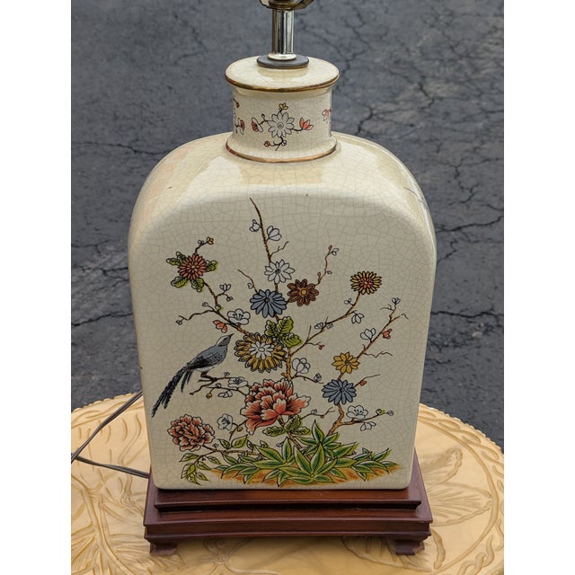 Cream Vintage Large Crackle Oriental Asian Floral With Birds Table Lamp 29", Oriental Lamp, Asian Decor For Sale - Image 8 of 9