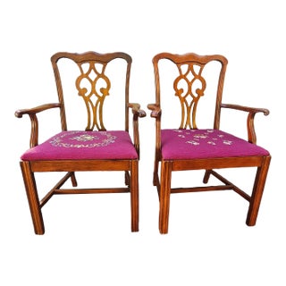 Statesville Chair Mid-Century Chippendale Mahogany Needlepoint Upholstered ArmChairs, Pair For Sale