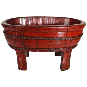 Antique Red Lacquered Wood Bowl With Legs and Cords From China, 19th Century