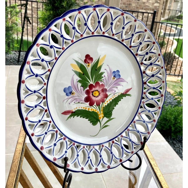 Farmhouse Late 20th-Century Sur La Table Reticulated Hand Painted Plate, Portugal For Sale - Image 3 of 13