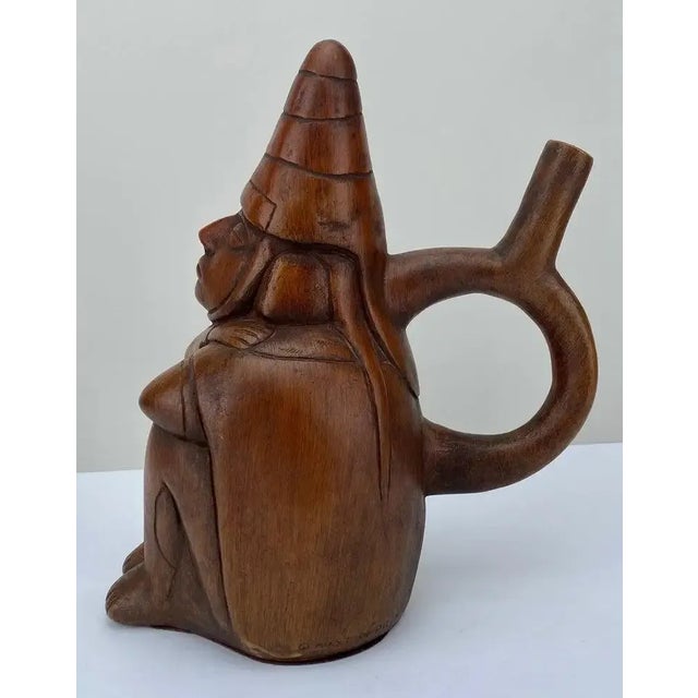 Tribal Peruvian Figural Wood Carved Sculpture After Moche Stirrup Vessel, Dreamer For Sale - Image 3 of 6