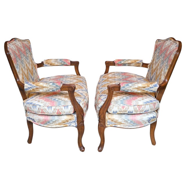 Pair of Mid-Century French Louis XV Style Walnut Bergère Fauteuils With Ikat Upholstery For Sale In Washington DC - Image 6 of 13