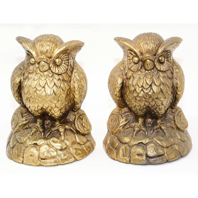 Vintage Cast Solid Brass Owl Bookends Mid-Century Modern 1950s For Sale - Image 4 of 11