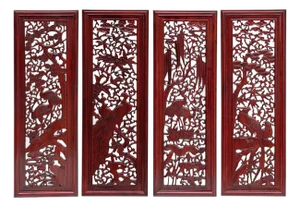 Set 4 Chinese Reddish Brown Wood Flower Birds Carving Wall Panels