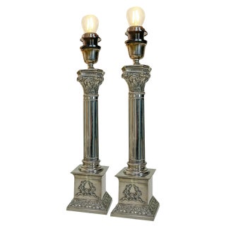 Nickel-Plated Brass Column Table Lamps in the style of Greek, 1970s, Set of 2 For Sale