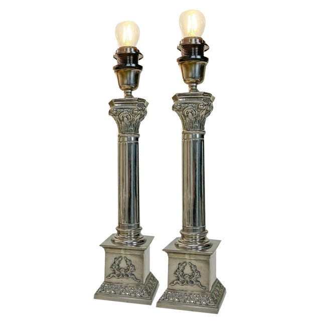 Nickel-Plated Brass Column Table Lamps in the style of Greek, 1970s, Set of 2 For Sale