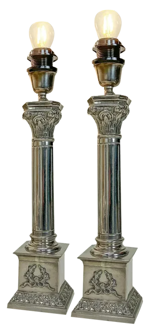 Nickel-Plated Brass Column Table Lamps in the style of Greek, 1970s, Set of 2