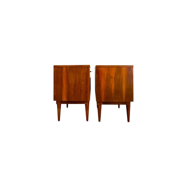Vintage Mid-Century Modern End Table Set With Diamond Parquet Accent Inlay and Dovetailed Drawers For Sale - Image 4 of 11