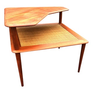 Two-Tier Minerva Corner Table in Teak and Rattan by Peter Hvidt and Orla Molgaard Nielsen for France & Son, 1960s For Sale