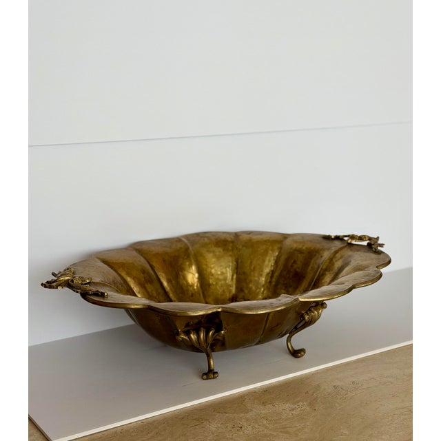Mid 20th Century Mid-20th Century Large Scalloped & Floral Handles Brass Centerpiece Bowl For Sale - Image 5 of 10