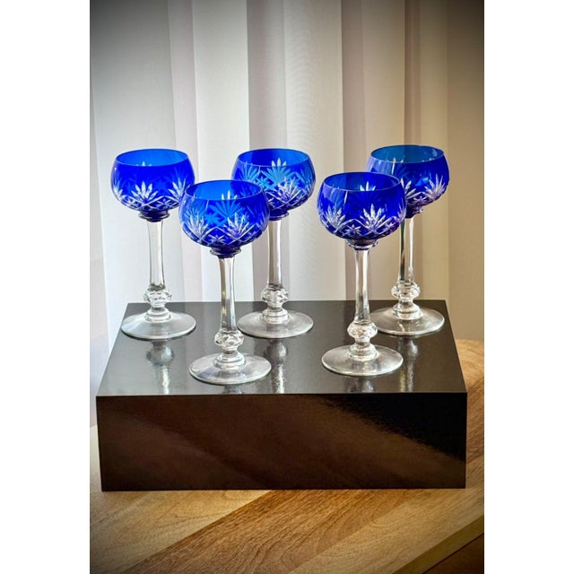 Cobalt Blue Massenet Crystal Hock Glasses by Saint-Louis, 1920, Set of 5 For Sale - Image 4 of 15