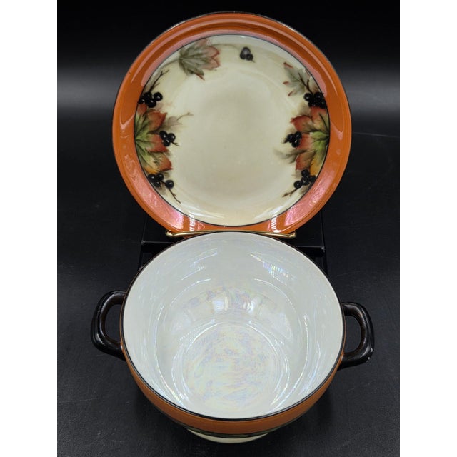 Antique Bavarian Porcelain Bouillon Bowl & Saucer, Hand-Painted Strawberry Motif, Double-Signed Set, Opalescent Lustre, l.d. Bloch & Co. Bavaria For Sale - Image 15 of 18